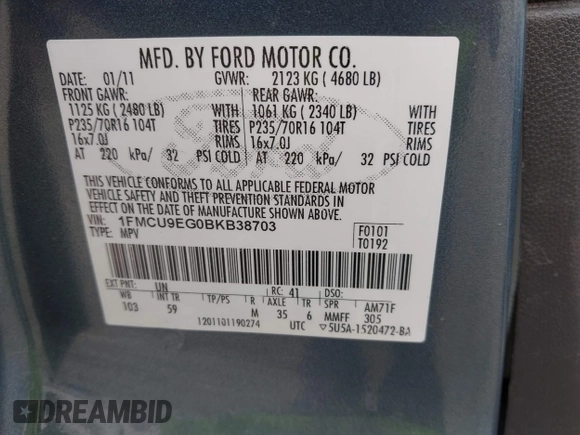 2011 Ford Escape Limited with VIN 1FMCU9EG0BKB38703, listed as a IAAI auction lot 42181197 with 157,400 mi miles and . Bid and sale history available at DreamBid. Image 9.