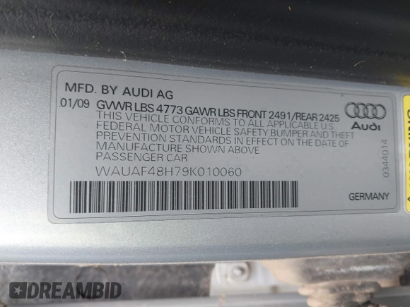 2009 Audi A4 Special Edition with VIN WAUAF48H79K010060, listed as a IAAI auction lot 42564710 with 95,947 mi miles and . Bid and sale history available at DreamBid. Image 9.