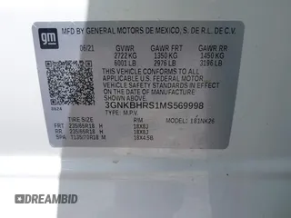 2021 Chevrolet Blazer LT с VIN 3GNKBHRS1MS569998, выставлен на аукционе IAAI как лот 42178844 с пробегом 55 969 миль миль и . История ставок и продаж доступна на DreamBid. Изображение 9.