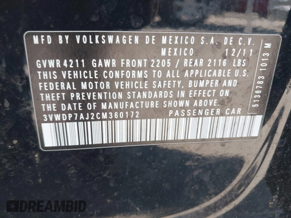 2012 Volkswagen Jetta SE с VIN 3VWDP7AJ2CM360172, выставлен на аукционе IAAI как лот 42286893 с пробегом 122 821 миль миль и . История ставок и продаж доступна на DreamBid. Изображение 9.