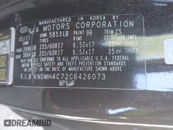 2012 Kia Sedona EX with VIN KNDMH4C72C6426073, listed as a IAAI auction lot 41716847 with 158,531 mi miles. Bid and sale history available at carsss.com. Image 9.