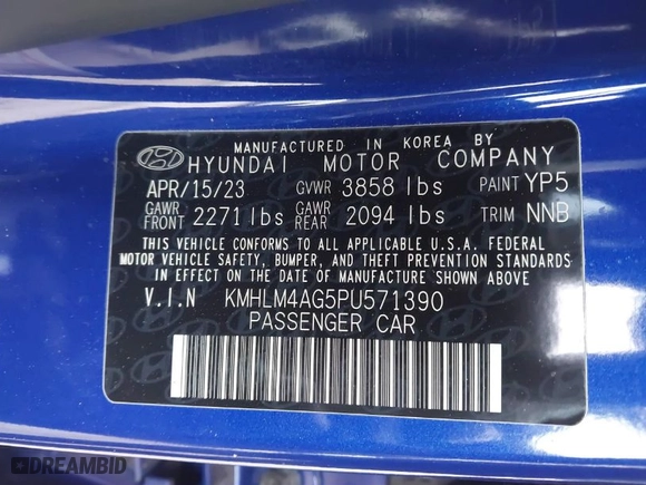 2023 Hyundai Elantra Preferred with VIN KMHLM4AG5PU571390, listed as a IAAI auction lot 41853155 with 11,584 mi miles. Bid and sale history available at carsss.com. Image 9.