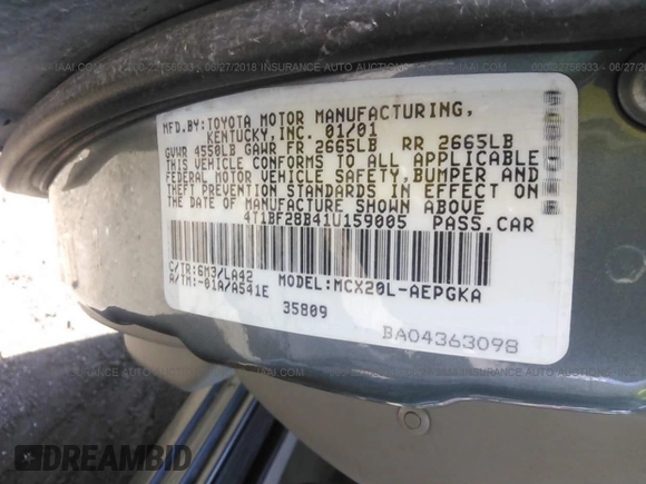 2001 Toyota Avalon XL z VIN 4T1BF28B41U159005, wystawiony jako IAAI lot #22756933 z przebiegiem Nie podano mil oraz . Historia ofert i sprzedaży dostępna na DreamBid. Obrazek 9.