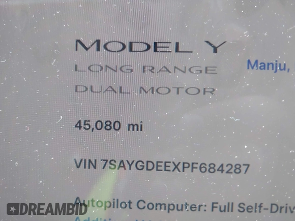 2023 Tesla Model Y Long Range with VIN 7SAYGDEEXPF684287, listed as a IAAI auction lot 41961230 with 45,080 mi miles and . Bid and sale history available at carsss.com. Image 15.