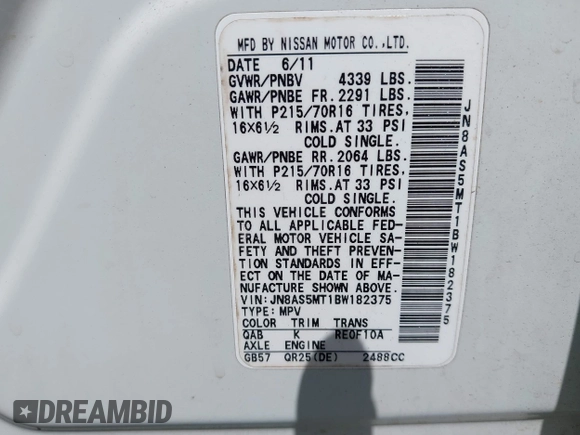 2011 Nissan Rogue SV with VIN JN8AS5MT1BW182375, listed as a IAAI auction lot 42166385 with 163,079 mi miles and . Bid and sale history available at DreamBid. Image 9.