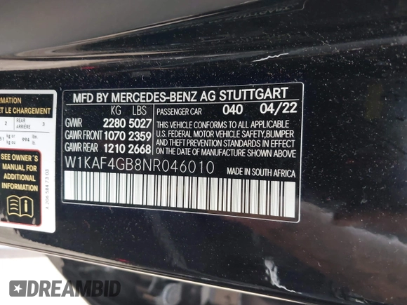 2022 Mercedes-Benz C 300 with VIN W1KAF4GB8NR046010, listed as a IAAI auction lot 41884770 with 34,972 mi miles and . Bid and sale history available at DreamBid. Image 9.