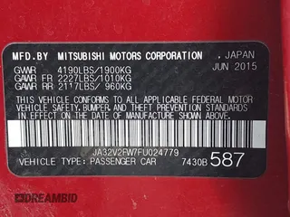 2015 Mitsubishi Lancer SE with VIN JA32V2FW7FU024779, listed as a IAAI auction lot 40681839 with Not Provided miles. Bid and sale history available at carsss.com. Image 9.