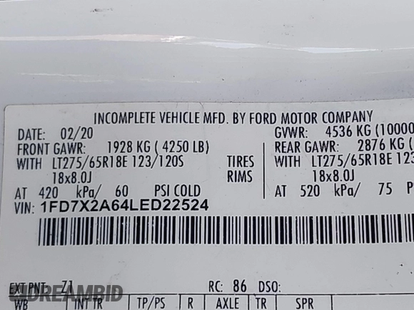 2020 Ford F-250 XL with VIN 1FD7X2A64LED22524, listed as a IAAI auction lot 41904127 with 65,255 mi miles and . Bid and sale history available at DreamBid. Image 9.