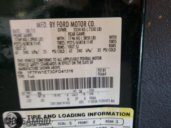 2013 Ford F-150 XL z VIN 1FTFW1ET3DFD41316, wystawiony jako Copart lot #61506955 z przebiegiem 156 754 mil mil oraz Czysty tytuł • Clean title. Historia ofert i sprzedaży dostępna na DreamBid. Obrazek 12.