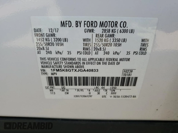2018 Ford Explorer Sport z VIN 1FM5K8GTXJGA40833, wystawiony jako Copart lot #60527975 z przebiegiem 123 544 mil mil oraz Szkoda całkowita • Salvage title. Historia ofert i sprzedaży dostępna na DreamBid. Obrazek 13.