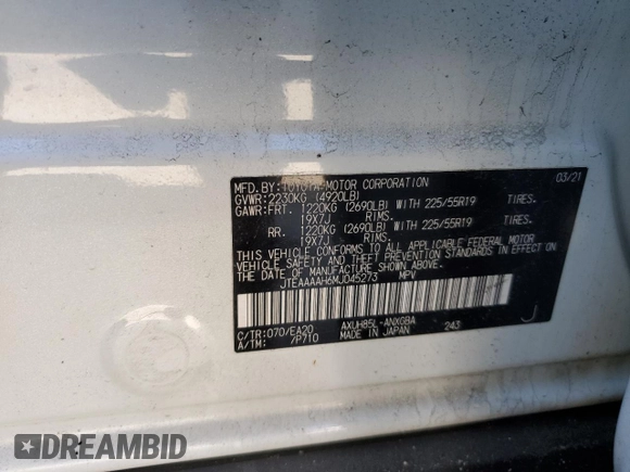2021 Toyota Venza LE with VIN JTEAAAAH6MJ045273, listed as a Copart auction lot 46364175 with 41,384 mi miles and Salvage Title. Bid and sale history available at carsss.com. Image 13.