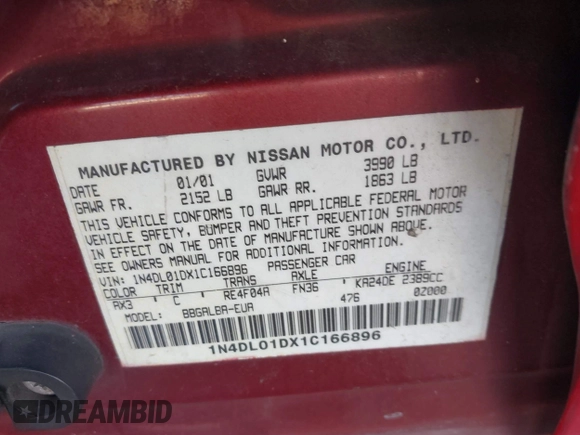 2001 Nissan Altima GXE with VIN 1N4DL01DX1C166896, listed as a IAAI auction lot 41335212 with 163,236 mi miles. Bid and sale history available at carsss.com. Image 9.