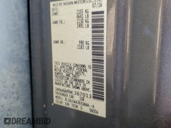 2017 Nissan Maxima SL z VIN 1N4AA6AP0HC367013, wystawiony jako Copart lot #59253975 z przebiegiem 136 834 mil mil oraz Szkoda całkowita • Salvage title. Historia ofert i sprzedaży dostępna na DreamBid. Obrazek 12.