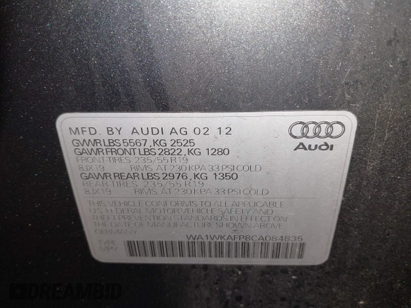 2012 Audi Q5 Prestige with VIN WA1WKAFP8CA084835, listed as a IAAI auction lot 41544767 with 156,710 mi miles and . Bid and sale history available at DreamBid. Image 9.