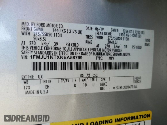 2019 Ford Expedition Limited with VIN 1FMJU1KTXKEA58799, listed as a Copart auction lot 57671335 with 106,848 mi miles and Salvage title. Bid and sale history available at DreamBid. Image 14.