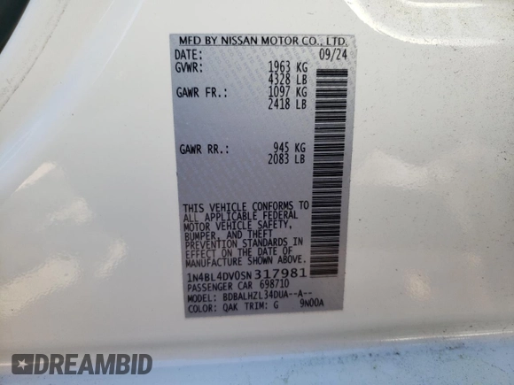 2025 Nissan Altima SV with VIN 1N4BL4DV0SN317981, listed as a Copart auction lot 52563825 with 12,998 mi miles and Clean Title. Bid and sale history available at DreamBid. Image 13.