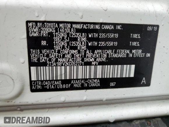 2019 Toyota RAV4 XLE Premium with VIN 2T3A1RFV2KC052271, listed as a Copart auction lot 47288495 with 48,212 mi miles and Salvage Title. Bid and sale history available at carsss.com. Image 13.