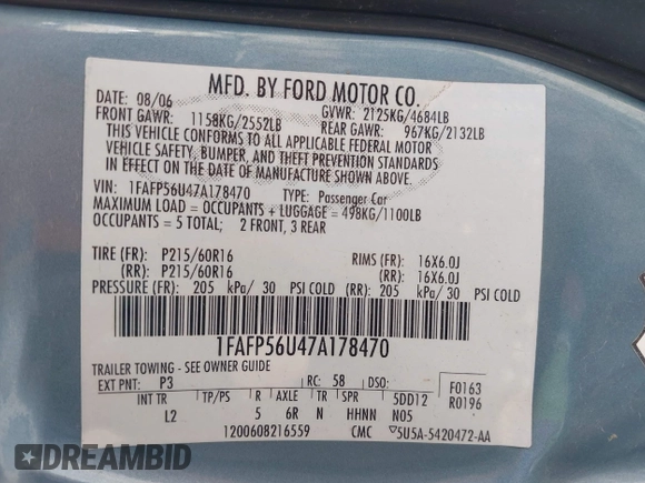 2007 Ford Taurus SEL with VIN 1FAFP56U47A178470, listed as a IAAI auction lot 42286192 with 111,553 mi miles and . Bid and sale history available at DreamBid. Image 9.
