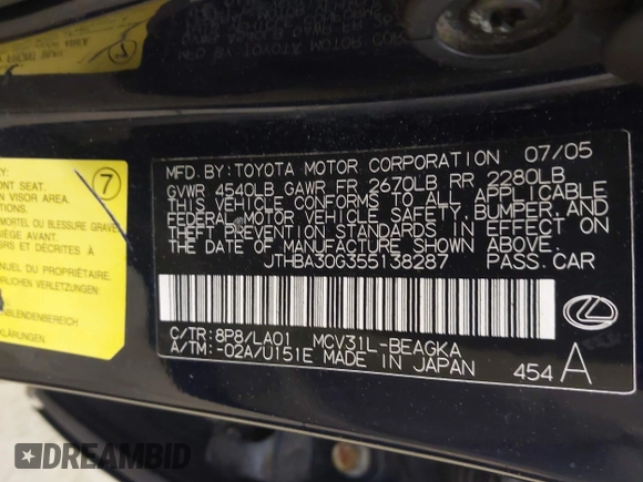 2005 Lexus ES 350 z VIN JTHBA30G355138287, wystawiony jako IAAI lot #42414678 z przebiegiem 175 000 mil mil oraz . Historia ofert i sprzedaży dostępna na DreamBid. Obrazek 9.