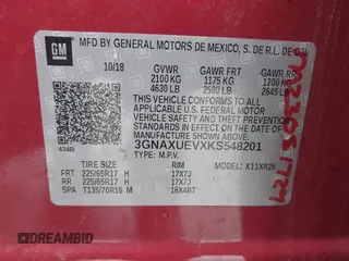 2019 Chevrolet Equinox LT z VIN 3GNAXUEVXKS548201, wystawiony jako IAAI lot #41715202 z przebiegiem 81 323 mil mil oraz . Historia ofert i sprzedaży dostępna na DreamBid. Obrazek 9.