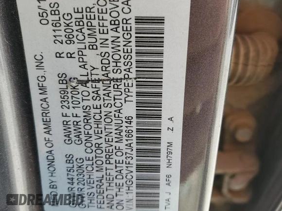 2018 Honda Accord Sedan Sport 1.5T with VIN 1HGCV1F37JA166146, listed as a Copart auction lot 52901905 with 130,509 mi miles and Salvage Title. Bid and sale history available at carsss.com. Image 13.