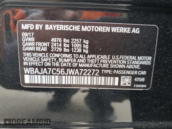2018 BMW 5 Series 530i xDrive with VIN WBAJA7C56JWA72272, listed as a Copart auction lot 47313705 with 60,156 mi miles and Salvage title. Bid and sale history available at DreamBid. Image 13.
