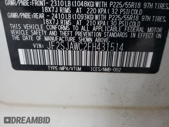 2015 Subaru Forester Touring with VIN JF2SJAWC2FH431514, listed as a Copart auction lot 67196822 with 126,807 mi miles and . Bid and sale history available at DreamBid. Image 10.