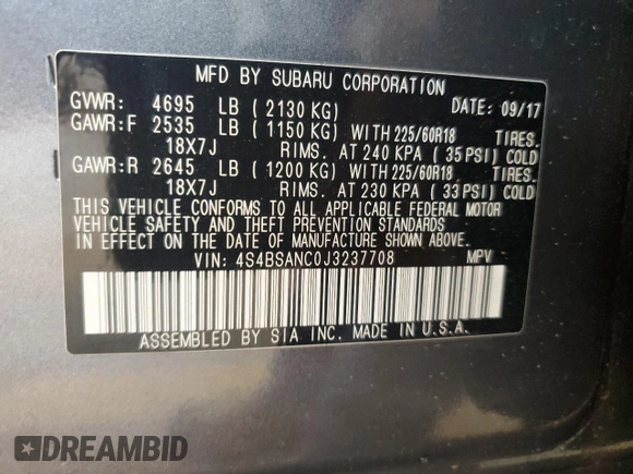 2018 Subaru Outback Limited with VIN 4S4BSANC0J3237708, listed as a Copart auction lot 63428315 with 138,913 mi miles and Clean title. Bid and sale history available at DreamBid. Image 13.
