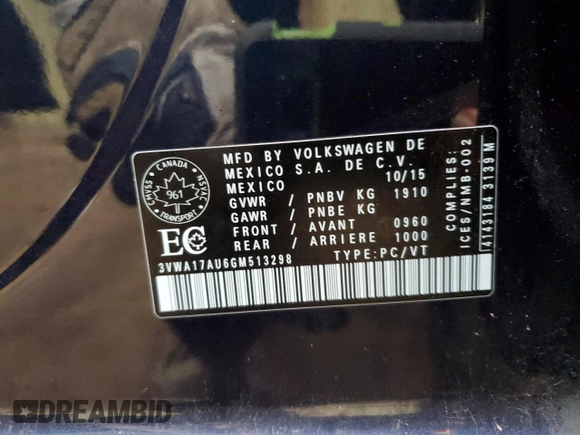 2016 Volkswagen Golf S with VIN 3VWA17AU6GM513298, listed as a Copart auction lot 55073115 with 140,164 mi miles and Salvage title. Bid and sale history available at DreamBid. Image 13.