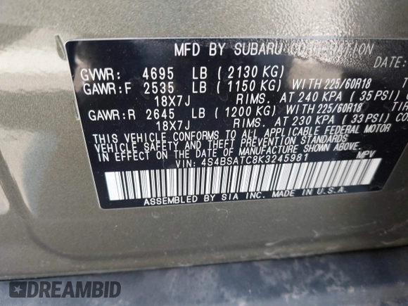 2019 Subaru Outback Touring with VIN 4S4BSATC8K3245981, listed as a IAAI auction lot 42508408 with 58,173 mi miles and . Bid and sale history available at DreamBid. Image 9.