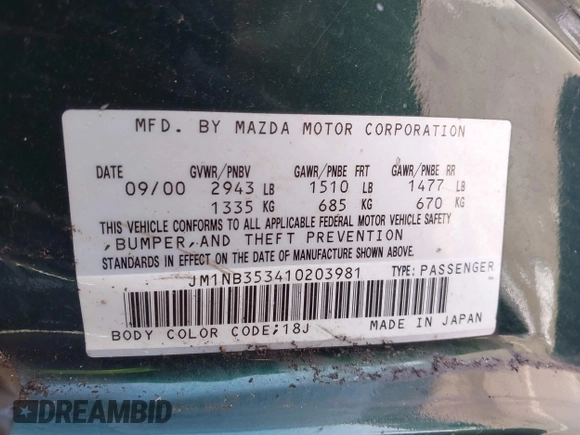 2001 Mazda MX-5 Miata with VIN JM1NB353410203981, listed as a IAAI auction lot 42028077 with Not Provided miles and . Bid and sale history available at DreamBid. Image 9.