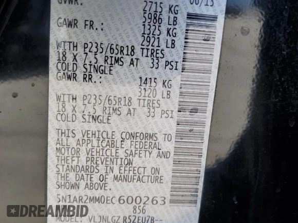 2014 Nissan Pathfinder S z VIN 5N1AR2MM0EC600263, wystawiony jako Copart lot #87225684 z przebiegiem 149 848 mil mil oraz Szkoda całkowita • Salvage title. Historia ofert i sprzedaży dostępna na DreamBid. Obrazek 14.