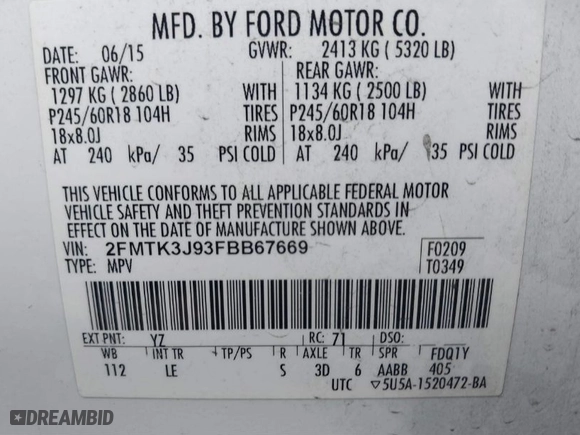 2015 Ford Edge SEL with VIN 2FMTK3J93FBB67669, listed as a IAAI auction lot 41740428 with 117,737 mi miles. Bid and sale history available at carsss.com. Image 9.