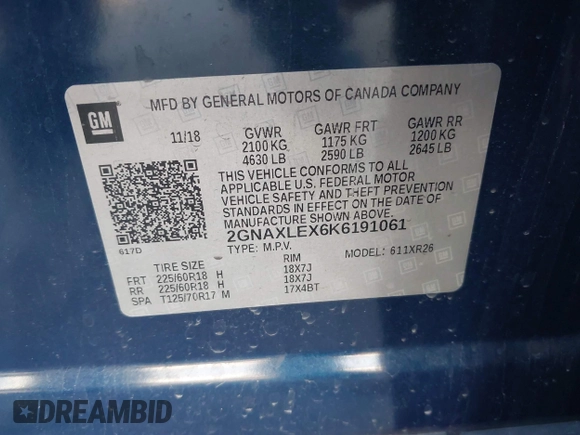 2019 Chevrolet Equinox LT with VIN 2GNAXLEX6K6191061, listed as a IAAI auction lot 40971123 with 70,254 mi miles and . Bid and sale history available at DreamBid. Image 9.