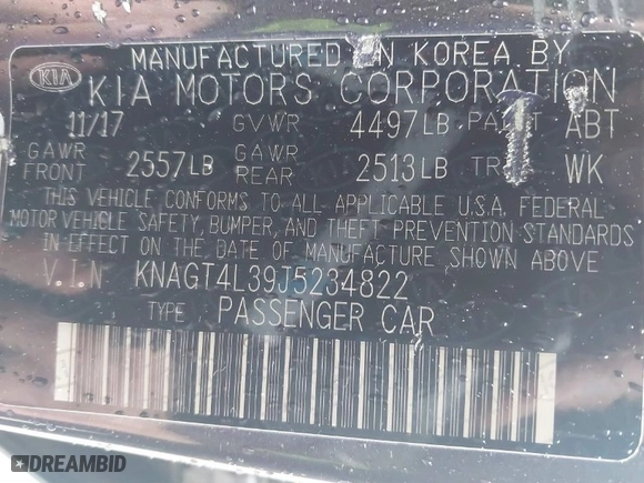 2018 Kia Optima LX with VIN KNAGT4L39J5234822, listed as a IAAI auction lot 41803968 with 95,985 mi miles. Bid and sale history available at carsss.com. Image 9.