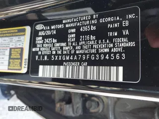 2015 Kia Optima LX with VIN 5XXGM4A79FG394563, listed as a IAAI auction lot 42077359 with 115,124 mi miles and . Bid and sale history available at DreamBid. Image 9.