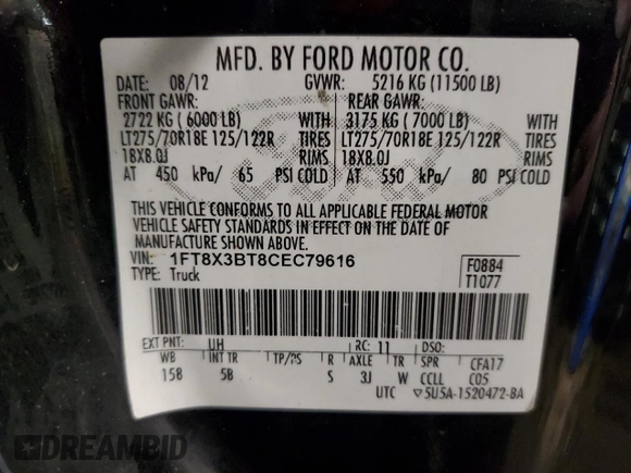 2012 Ford F-350 XL with VIN 1FT8X3BT8CEC79616, listed as a Copart auction lot 47412065 with 167,755 mi miles and Clean title. Bid and sale history available at DreamBid. Image 12.