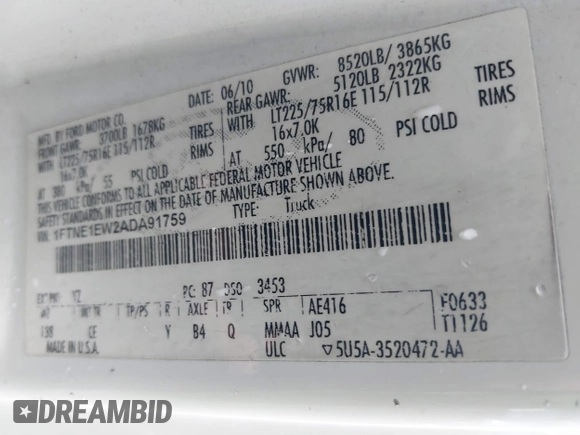 2010 Ford Econoline Cargo Commercial with VIN 1FTNE1EW2ADA91759, listed as a IAAI auction lot 41679181 with 287,584 mi miles and . Bid and sale history available at carsss.com. Image 9.