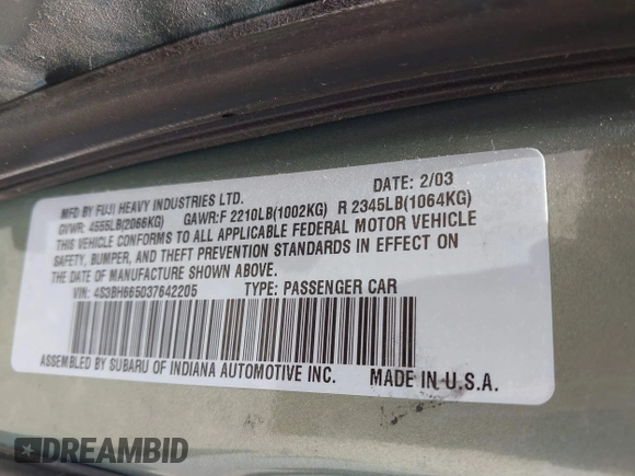 2003 Subaru Legacy Outback with VIN 4S3BH665037642205, listed as a IAAI auction lot 42533124 with 229,330 mi miles and . Bid and sale history available at DreamBid. Image 9.