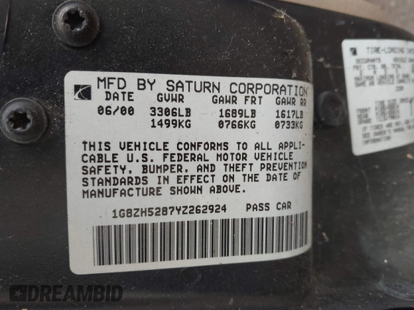 2000 Saturn SL with VIN 1G8ZH5287YZ262924, listed as a IAAI auction lot 42068691 with 161,975 mi miles and . Bid and sale history available at DreamBid. Image 9.