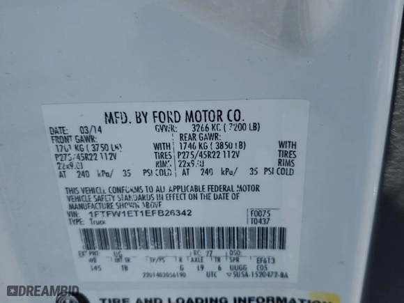 2014 Ford F-150 XL with VIN 1FTFW1ET1EFB26342, listed as a Copart auction lot 51794125 with 260,687 mi miles and Salvage Title. Bid and sale history available at carsss.com. Image 12.