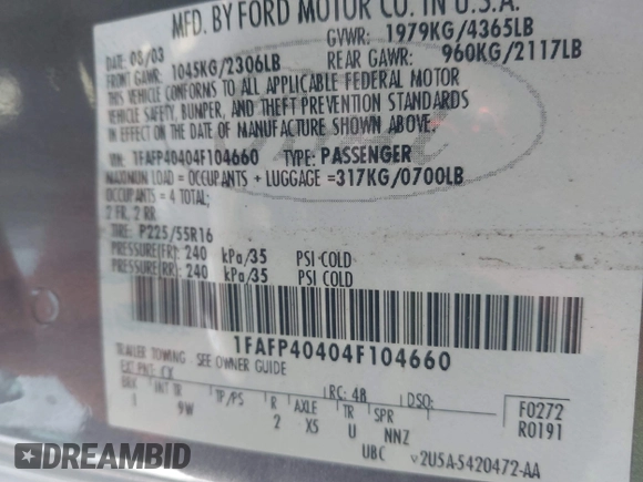 2004 Ford Mustang Standard with VIN 1FAFP40404F104660, listed as a IAAI auction lot 41602400 with 165,992 mi miles. Bid and sale history available at carsss.com. Image 9.