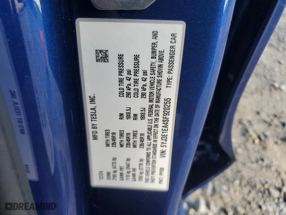2025 Tesla Model 3 Long Range with VIN 5YJ3E1EA4SF920255, listed as a Copart auction lot 47213615 with 245 mi miles and Salvage Title. Bid and sale history available at carsss.com. Image 13.