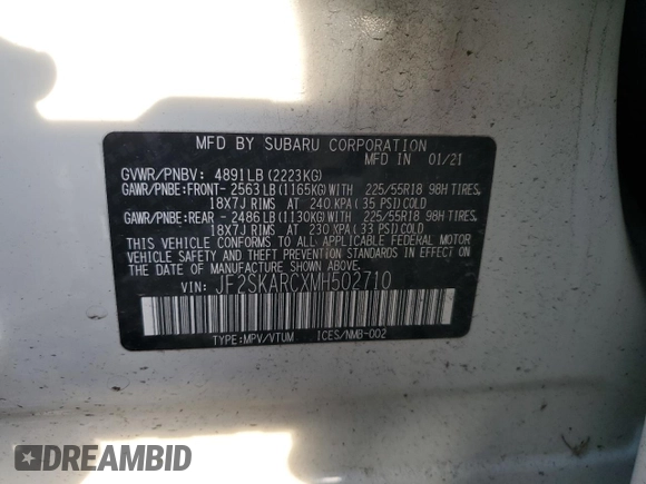 2021 Subaru Forester Sport with VIN JF2SKARCXMH502710, listed as a Copart auction lot 47663495 with 0 mi miles and Salvage Title. Bid and sale history available at carsss.com. Image 15.