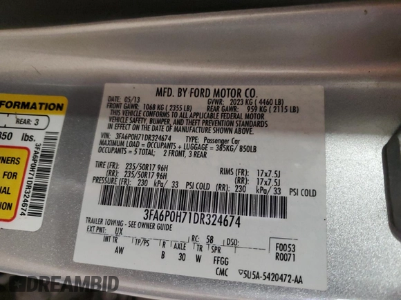 2013 Ford Fusion SE with VIN 3FA6P0H71DR324674, listed as a Copart auction lot 52624525 with 117,046 mi miles and Salvage Title. Bid and sale history available at carsss.com. Image 15.