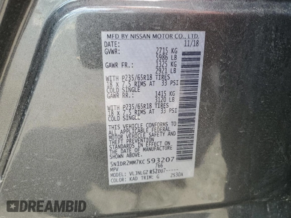 2019 Nissan Pathfinder SV with VIN 5N1DR2MM7KC593207, listed as a Copart auction lot 54611035 with 71,495 mi miles and Salvage Title. Bid and sale history available at carsss.com. Image 13.