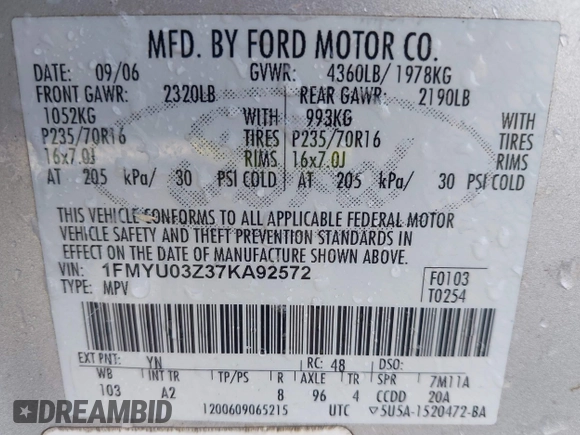 2007 Ford Escape XLT with VIN 1FMYU03Z37KA92572, listed as a IAAI auction lot 41213281 with 129,366 mi miles. Bid and sale history available at carsss.com. Image 9.