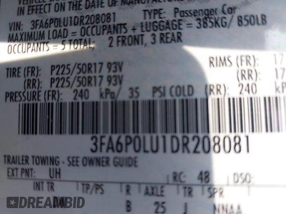 2013 Ford Fusion SE Hybrid с VIN 3FA6P0LU1DR208081, выставлен на аукционе IAAI как лот 42559905 с пробегом 149 340 миль миль и . История ставок и продаж доступна на DreamBid. Изображение 9.