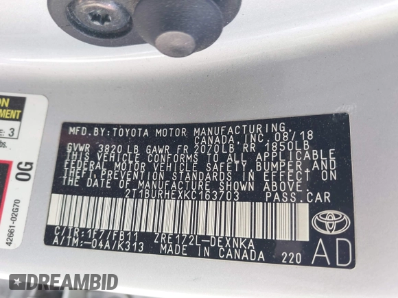 2019 Toyota Corolla L with VIN 2T1BURHEXKC163703, listed as a IAAI auction lot 41870512 with 131,153 mi miles. Bid and sale history available at carsss.com. Image 9.