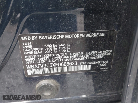 2015 BMW 5 Series 535d xDrive with VIN WBAFV3C5XFD686633, listed as a IAAI auction lot 42525595 with 125,794 mi miles and . Bid and sale history available at DreamBid. Image 9.